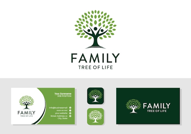 Familia sana, humana. ilustración del logotipo del árbol de la vida y plantilla de diseño de tarjeta de visita