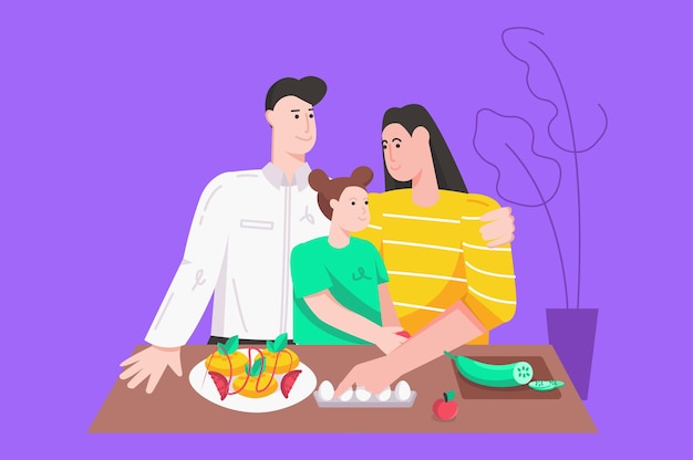 Vector familia sana y relación concepto plano moderno feliz papá mamá e hija cocinando la cena y pr...