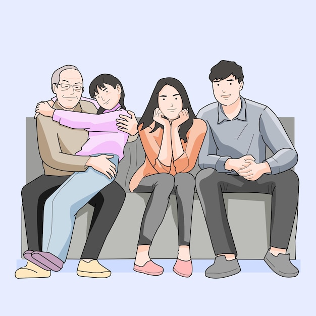 Vector familia sentada en la sala de estar sonriendo abuelo feliz seguro saludable o ilustración médica