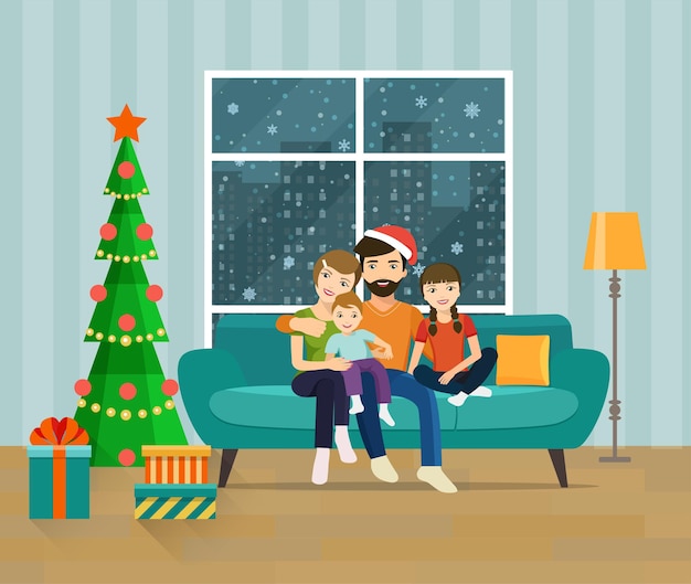Familia sentada en un sofá en la sala de estar. feliz año nuevo y feliz navidad. vector ilustración plana.