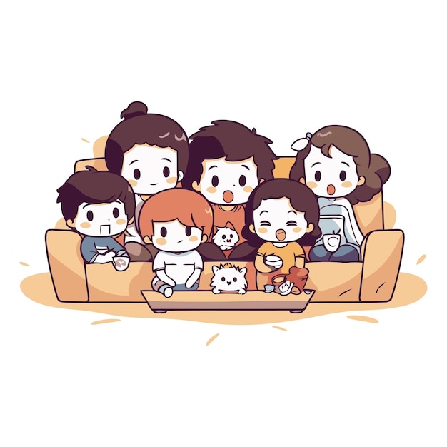 Familia sentada en el sofá y viendo la televisión de una familia feliz