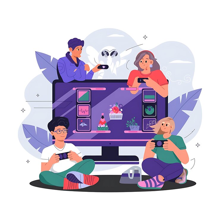 Vector una familia se sienta frente a una televisión con una imagen de una familia