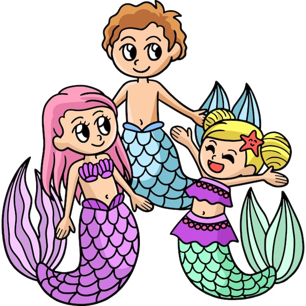 Familia de sirenas dibujos animados coloreados clipart