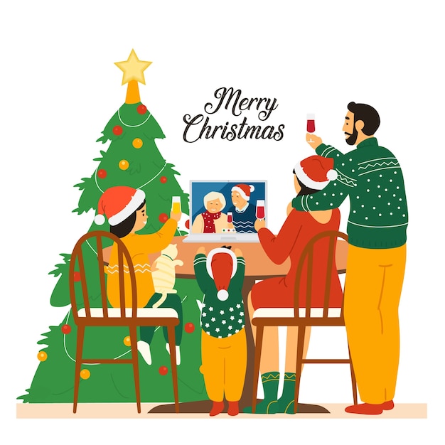 Familia con sombreros de Santa celebrando la Navidad con los abuelos mediante videoconferencia.