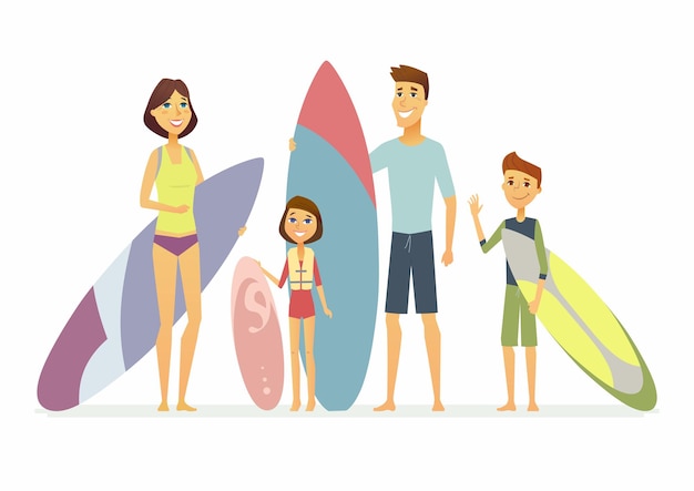 La familia va a surfear - personajes de dibujos animados personas ilustraciones aisladas sobre fondo blanco. jóvenes padres felices de pie con niños sonrientes listos para ir al mar con trajes de neopreno