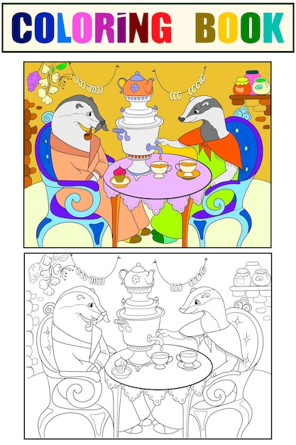 Familia de tejones en su casa en la cocina libro para colorear para niños ilustración vectorial de dibujos animados color blanco y negro