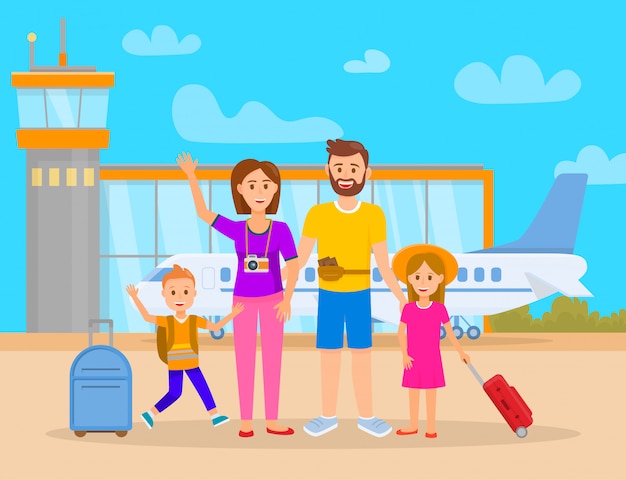 Familia en la terminal del aeropuerto ilustración vectorial.