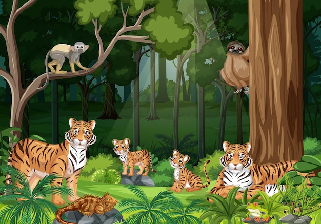 Familia de tigre en el fondo del paisaje forestal