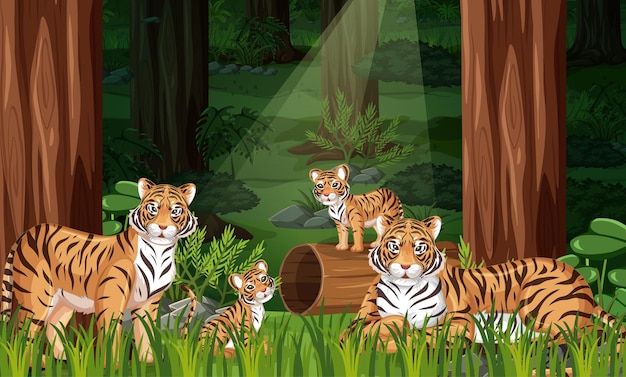 Familia de tigre en el fondo del paisaje forestal