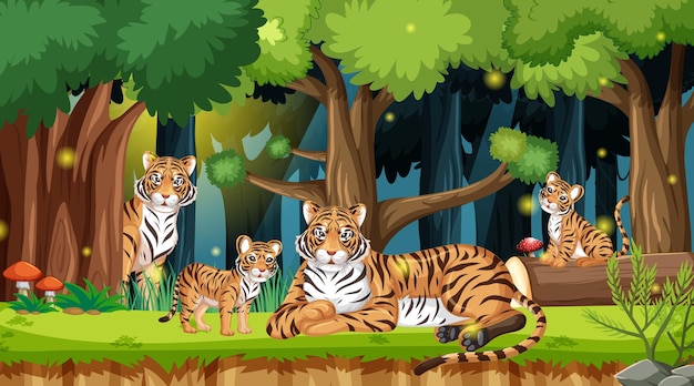 Familia de tigre en el fondo del paisaje forestal