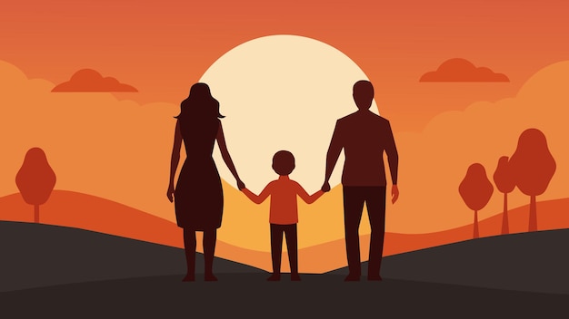 Vector una familia tomándose de la mano y de pie frente a un amanecer que representa el viaje hacia adelante