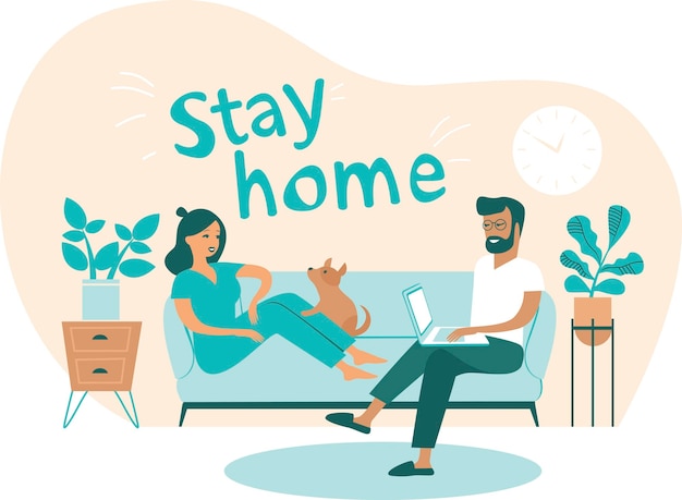 Familia trabajando desde casa Hombre y mujer sentados en el sofá y trabajando en la computadora portátil