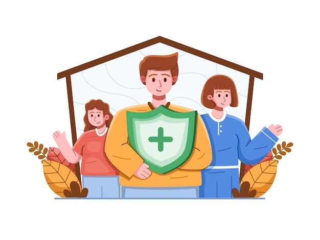 Familia de tres en casa sosteniendo un escudo que simboliza su protección a través de la salud