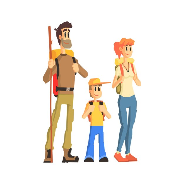 Familia de tres listos para la caminata Ilustración de estilo de dibujos animados infantil simplificada de vector plano aislada sobre fondo blanco