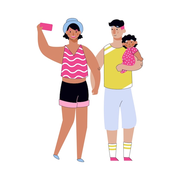 Familia de turistas de dibujos animados tomando selfie de viajes de verano juntos en el teléfono inteligente