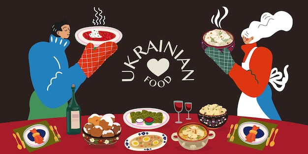 Familia ucraniana plana celebrando la Navidad juntos Cocina tradicional ucreniana Mesa festiva