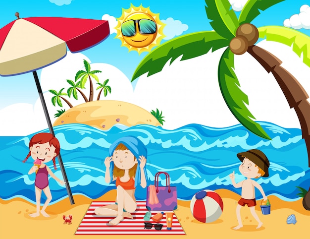 Vector una familia de vacaciones de verano en la playa