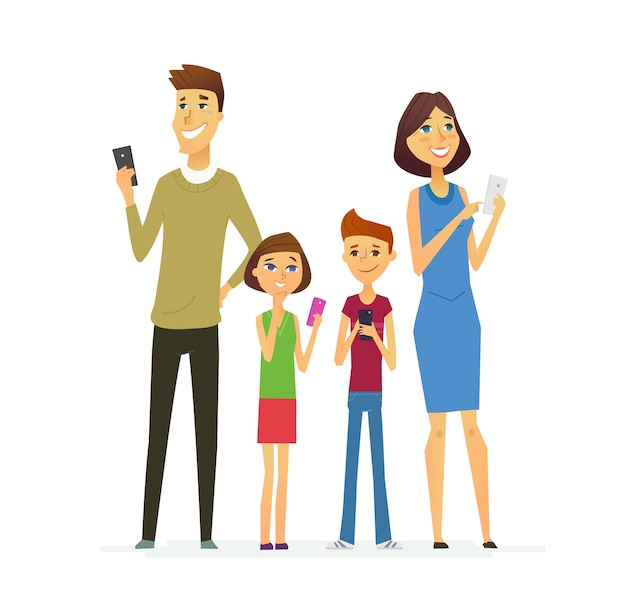 Familia - vector de color moderno illustraticomposition plana de personajes de dibujos animados. Padre, madre, hijo, hija, usando dispositivos móviles.