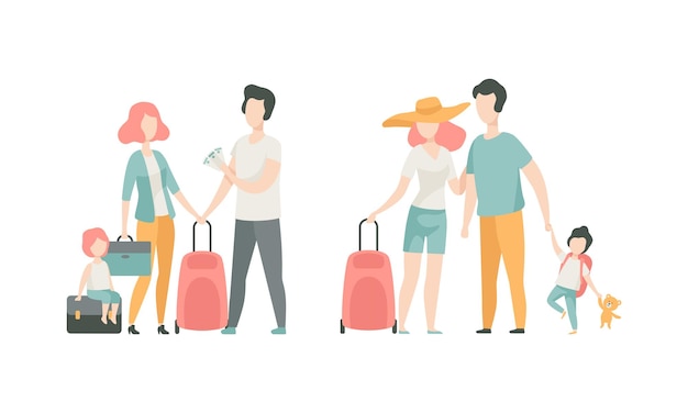 Familia viajando con niños tirando de la maleta sosteniendo al niño a mano Conjunto vectorial