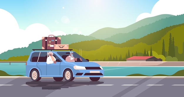 Vector familia vieja conduciendo en automóvil en vacaciones semanales pareja de viajeros afroamericanos mayores que viajan en automóvil concepto de vejez activa fondo de paisaje ilustración de vector horizontal