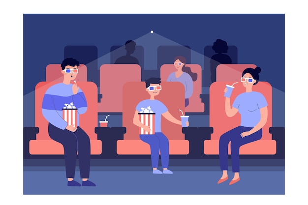 Vector familia viendo películas con gafas en el cine, sentados en sillas con palomitas de maíz y refrescos.