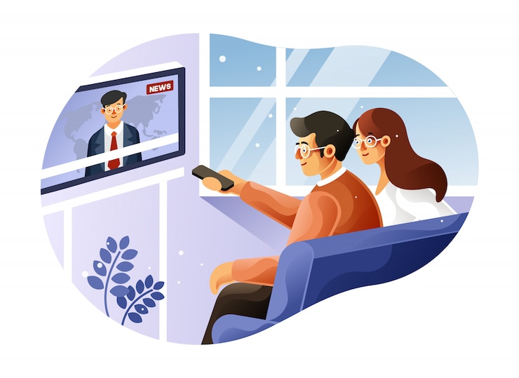 Vector familia viendo programa de noticias diario en la televisión