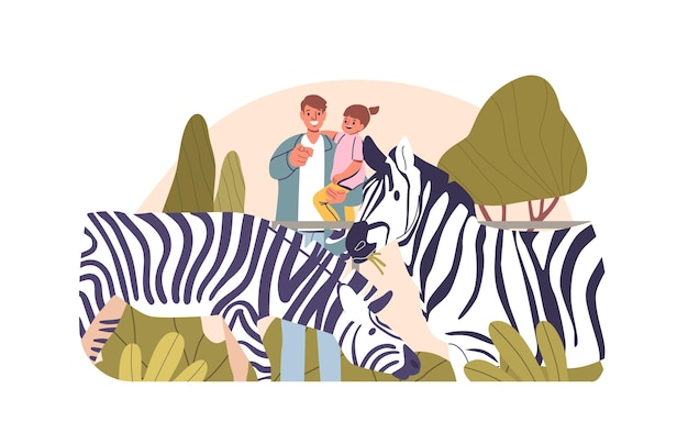 Familia visitando un zoológico con dos cebras en un recinto natural Escena de dibujos animados Sentimientos de asombro