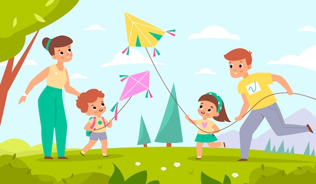 Vector familia volar cometas feliz madre y padre con niños lanzan juguetes de viento al cielo linda gente caminando en el parque dibujos animados padres y niños alegres pasan tiempo juntos vector verano recreación al aire libre