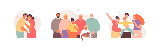 Familias felices juntas. Hijos y padres, abuelos, mamá, papá. Dia familiar. Amar