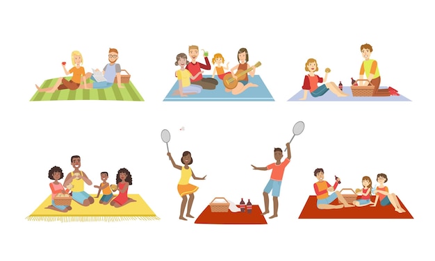 Familias haciendo picnic en el parque Gente sentada en placas comiendo relajándose jugando al bádminton Parejas felices y niños pasando tiempo juntos Ilustración vectorial
