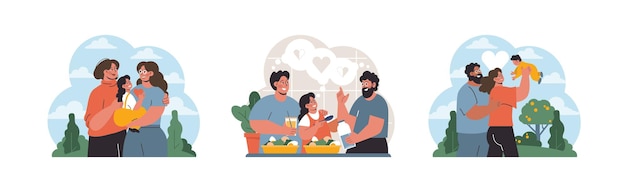 Vector las familias modernas establecen a dos hombres abrazando enamorados a una pareja gay disfrutando de una comida con su hijo y un