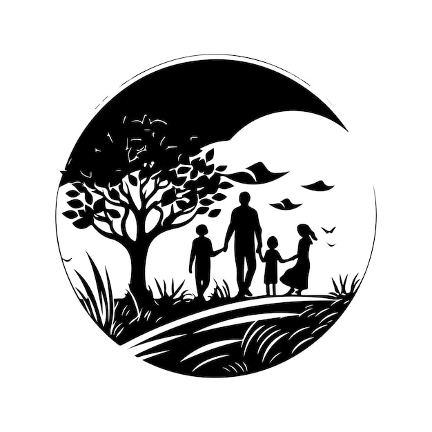 Familias en la naturaleza vintage logo línea arte concepto blanco y negro color dibujado a mano ilustración