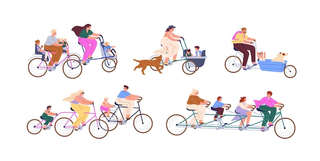 Familias, niños, niños en bicicleta juntos. personas que viajan en bicicleta tándem, bicicleta de carga, asientos múltiples y conjunto de transporte de pedales múltiples. ilustraciones de vectores gráficos planos aisladas sobre fondo blanco.