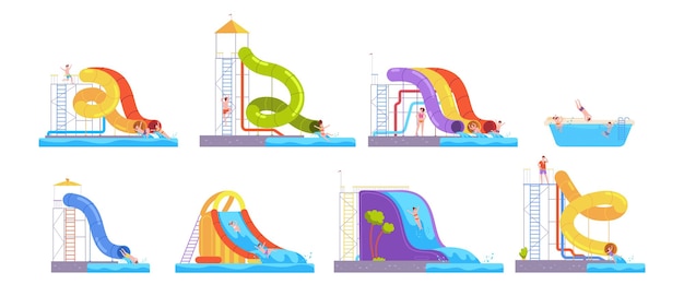 Vector familias en parque acuático familia en tobogán inflable parque acuático parque acuático extremo piscina entretenimiento de verano deslizando personas en tobogán acuático nadan espléndida ilustración vectorial