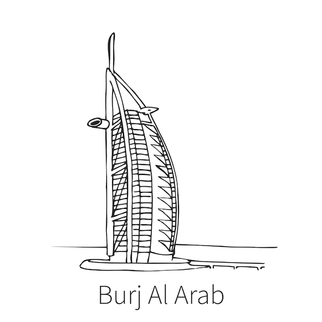 Vector famosa ilustración de boceto de dibujo de burj al arab en dubai. ilustración vectorial