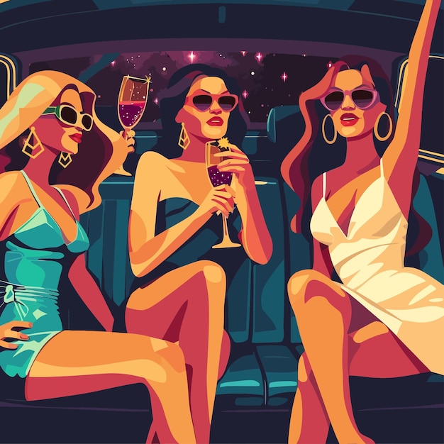 Vector famosas mujeres sentadas en coches de lujo con gafas.