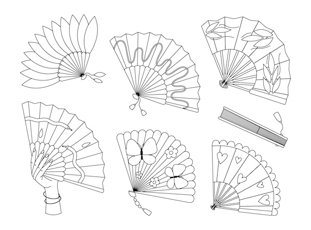 Fanáticos de mano para colorear página de recuerdos plegables tradicionales asiáticos Conjunto de accesorios de refrigeración