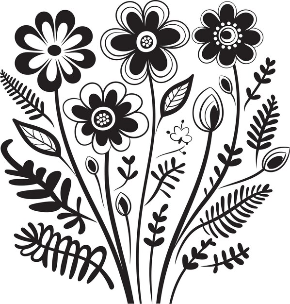 Vector fanciful doodles icono de ramo de flores esbozo botánico emblema de doodle negro