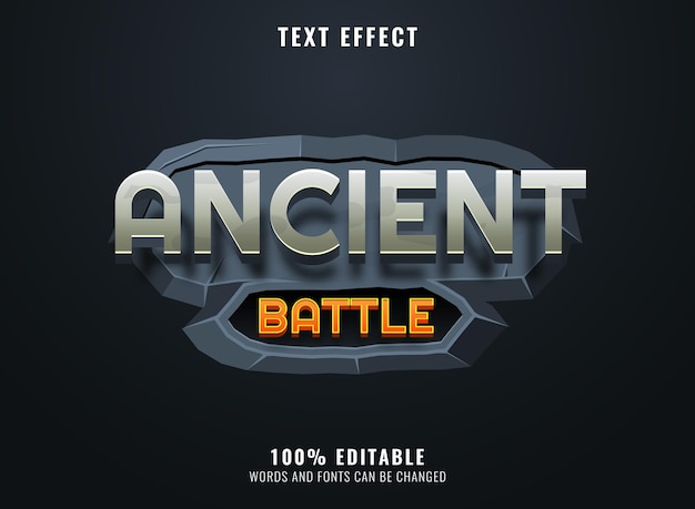 Fantasía antigua batalla con efecto metálico efecto de texto del título del logotipo del juego medieval rpg con marco de piedra