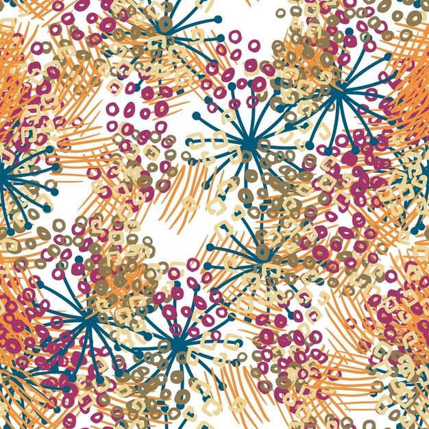 Fantasía desordenado freehand doodle formas geométricas de patrones sin fisuras. Abstracción de garabatos ditsy infinito