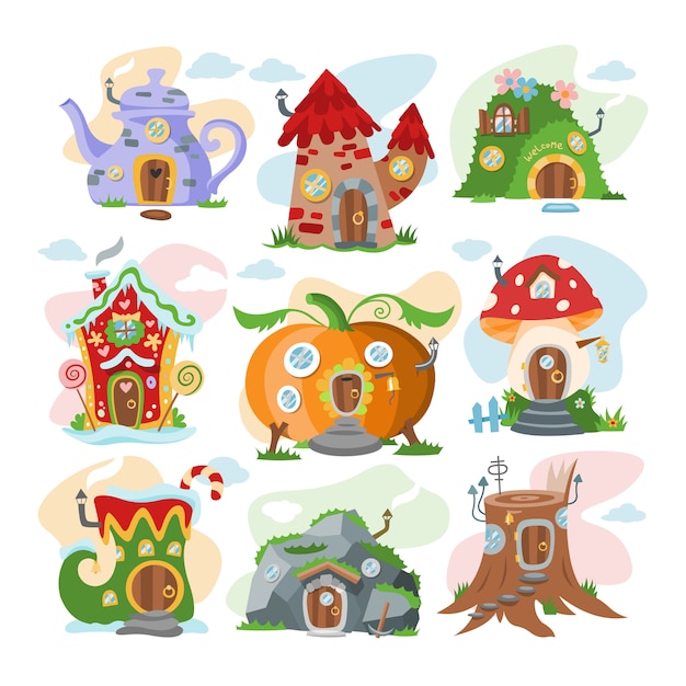 Fantasía de dibujos animados de la casa del árbol de hadas y la magia de la aldea de la aldea ilustración conjunto de niños de cuento de hadas de calabaza o casita de piedra para gnomo sobre fondo blanco