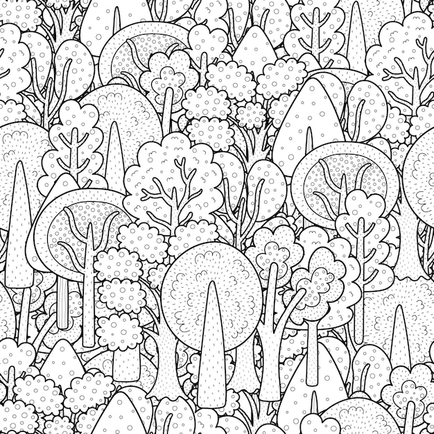 Fantasía doodle bosque blanco y negro de patrones sin fisuras Doodle para colorear página con árboles para colorear