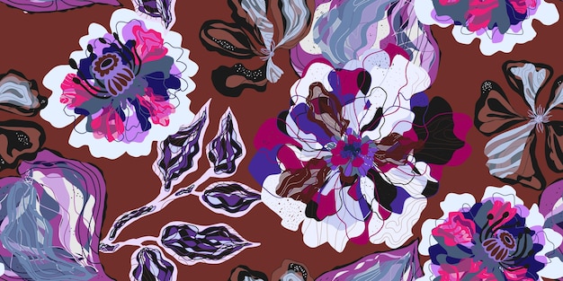 Fantasía estilizado florido patrón floral con peonías flores sin costuras interminable vector relación con el patrón superpuesto