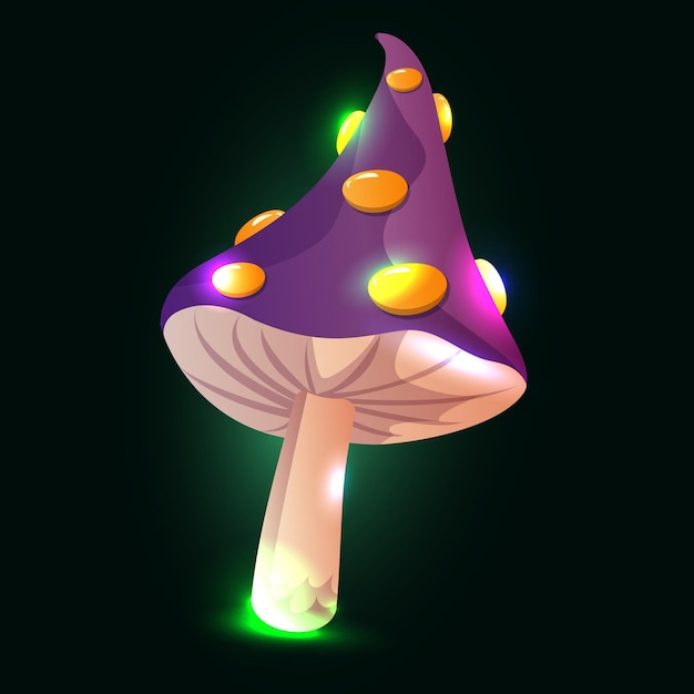 Fantasía hongo púrpura mágico con crecimientos de naranja icono de dibujos animados vectorial hongo luminoso tóxico de