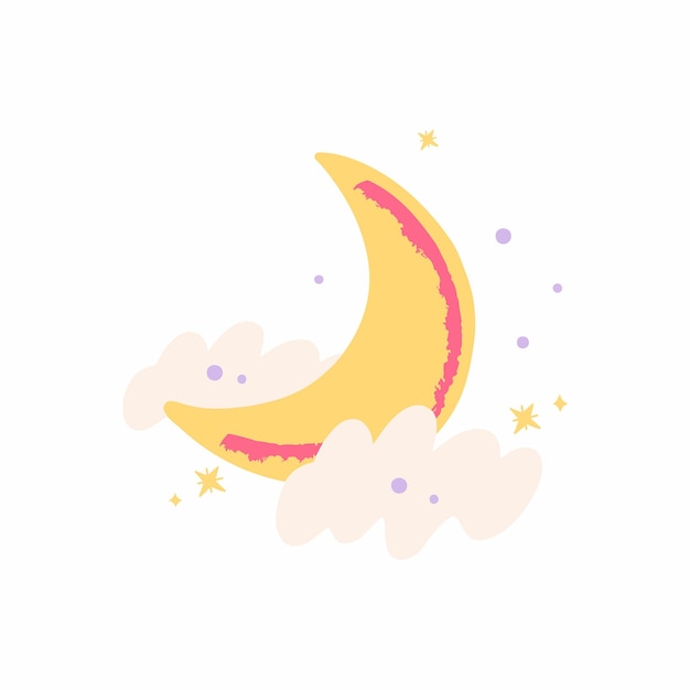 Fantasía linda media luna con nubes Unicornio Ilustración