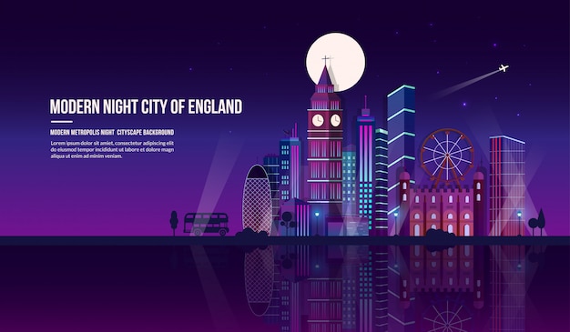 Fantasía luminosa con ciudad de noche moderna de inglaterra.