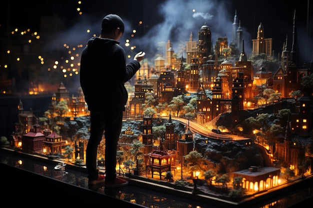 fantasía noche ciudad paisaje isométrico luz de neón arte de ilustración abstracta