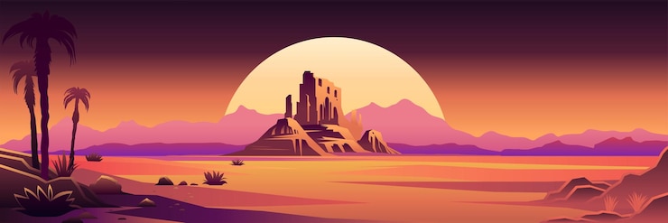 Vector fantasía paisaje desértico futurista neon puesta de sol palmeras nubes isla oasis antiguas ruinas