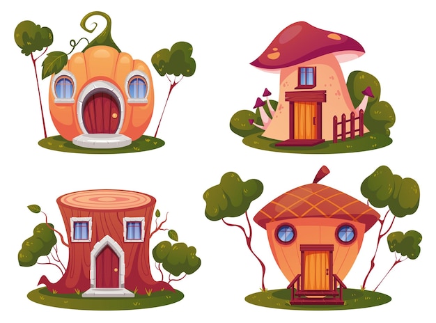 Fantasía pequeño elfo mágico casas enanas conjunto aislado ilustración de diseño gráfico plano
