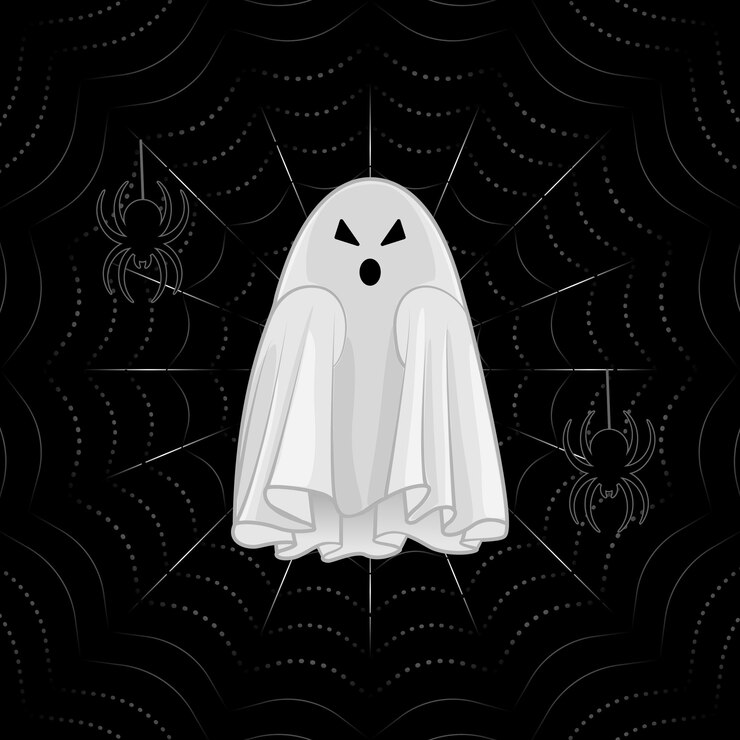 un fantasma blanco con un fondo negro con una red de araña